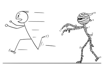 Sticker - Cartoon stick drawing conceptual illustration of scared man running away from mummy.