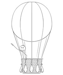 Poster - Cartoon stick drawing conceptual illustration of man or businessman in hot air balloon pointing his hand at something above or up, possibly sign or text.