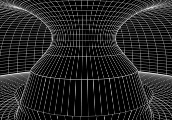 Poster - Tunnel or wormhole. Digital 3d wireframe tunnel. 3D tunnel grid. Network cyber technology. Surrealism. Background abstract vector image