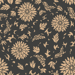 Wall Mural - Vector damask seamless retro pattern background oriental spiral curve cross frame vine leaf flower