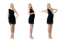 Pretty Pregnant Woman In Mini Black Dress Isolated On White