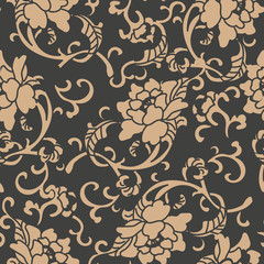 Wall Mural - Vector damask seamless retro pattern background spiral curve cross leaf frame vine flower peony