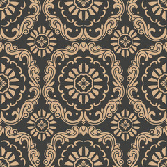 Wall Mural - Vector damask seamless retro pattern background oriental round spiral curve cross frame vine leaf flower chain