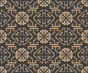 Wall Mural - Vector damask seamless retro pattern background oriental geometry spiral cross frame lattice leaf vine chain flower