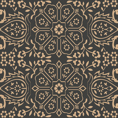 Wall Mural - Vector damask seamless retro pattern background geometry cross polygon frame chain leaf flower