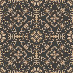 Wall Mural - Vector damask seamless retro pattern background spiral curve cross oriental frame chain vine flower