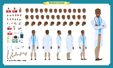 Front, side, back view animated black american character. Doctor character creation set with various views, face emotions, poses and gestures. Cartoon style, flat vector illustration.