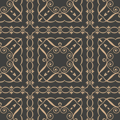 Wall Mural - Vector damask seamless retro pattern background spiral curve vortex cross frame vine leaf flower