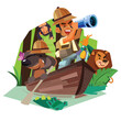Explorer man with his dog rowing on the wooden boat in rain forest river to explorer for animal and nature - vector