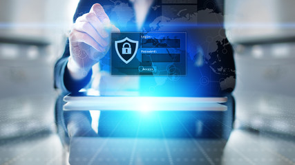 Access window with login and password on virtual screen. Cyber security and personal data protection concept.