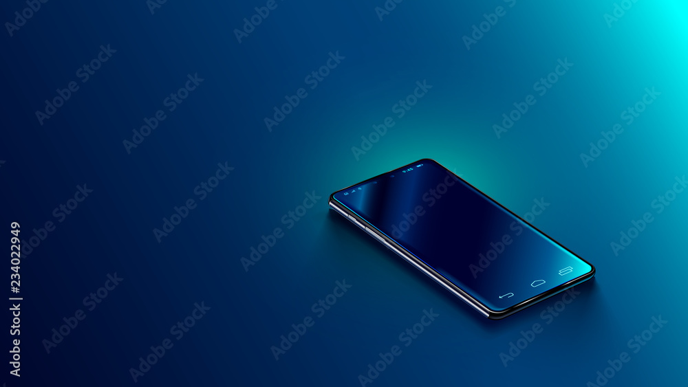 Modern black smart phone lies on a smooth dark blue surface or table in perspective view. Realistic vector illustration isometric smartphone. New shiny mobile cellphone with reflection on the screen - obrazy, fototapety, plakaty 