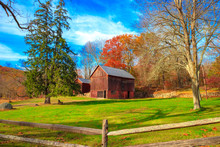 Trendition Red Wooden Barn Surround By Blue Sky, Green Grass And Autumn Trees. Vintage Style Photo Was Taken On The Mountain In Fall Season In New York, USA.