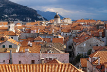 View Over The Sunshined Old City Dubrovnik With Mountains, Croatia