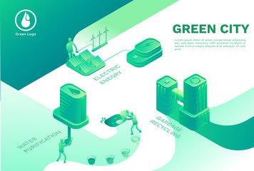 Green eco city with smart technologies concept, landing page tem