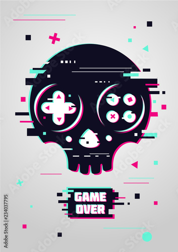 Cuadros en Lienzo Game over glitchy sign with skull and gamepad