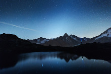 Picturesque Night View Of Chesery Lake (Lac De Cheserys) In France Alps. Monte Bianco Mountain Range On Background. Vallon De Berard Nature Preserve, Chamonix, Graian Alps. Landscape Photography