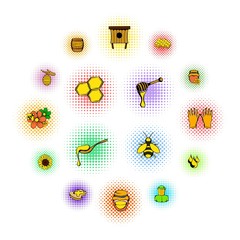 Poster - Beekeeping icons set in comics style on a white background