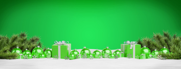 Green christmas baubles and gifts lined up 3D rendering