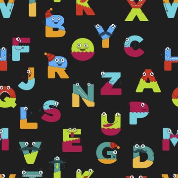 Funny alphabet of cartoon characters for kids design seamless pattern.