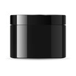 © Сергей Байбак - Round glossy black glass cosmetic jar with lid for body cream, gel, butter, bath salt, skin care, powder. Realistic cosmetics packaging mockup template. Vector illustration.