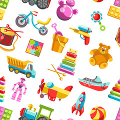 Kid toys vector icons seamless pattern. Children playthings set