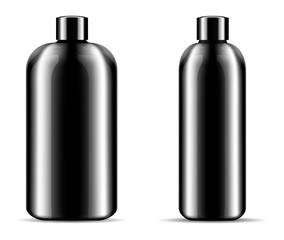 Wall Mural - Two glossy black glass or plastic bottles set for shampoo, shower gel, soap bubble bath. Black cosmetic products packaging mockup illustration. 3d design template.