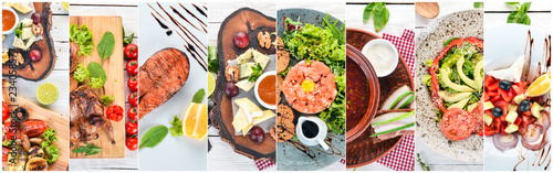 Collage of dishes. Salads, snacks, and meat dishes and fish. On a wooden background. Top view. © Yaruniv-Studio