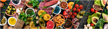 Collage. Background Of Vegetables, Fruits And Spices. Top View. On A Wooden Background.