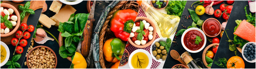 Collage. Background of vegetables, fruits and spices. Top view. On a wooden background.