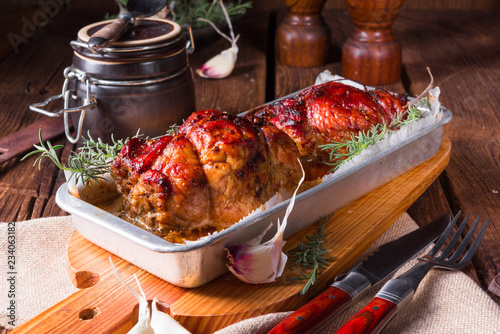 Fotografie, Obraz tasty small rolling roasts fully with dried plum and bacon