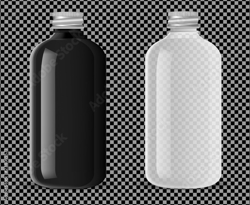 Download Transparent Pharmacy Bottles For Medical Liquid Products Pills With Aluminum Lids Black And White Glass Cosmetic Bottle Mockup For Shampoo Soap Gel Vector Illustration Isolated On Background Stock Vector Adobe Stock