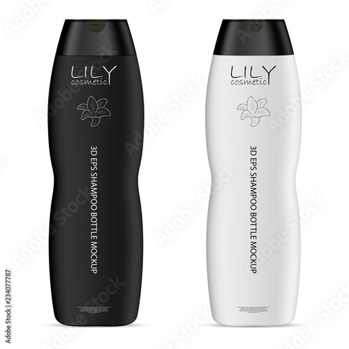 Download Curved Shape Cosmetic Bottles Set Mockup For Shampoo Conditioner Or Shower Gel Black And White Plastic Realistic Vector 3d Illustration Of Cosmetics Packaging Clear Blank Template For Your Design Stock Vector