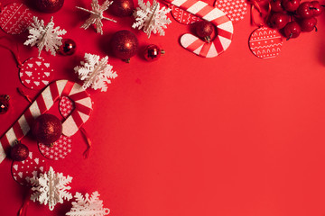 decoration toy in season greeting merry christmas prop on red background