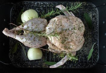 Wall Mural - Raw duck with rosemary and onions on baking rack flat lay