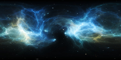 360 degree space nebula panorama, equirectangular projection, environment map. HDRI spherical panorama. Space background with nebula and stars