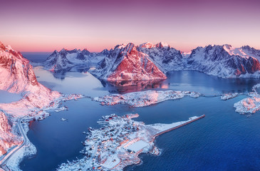 Wall Mural - aerial view at the lofoten islands, norway. mountains and sea during sunset. natural landscape from 