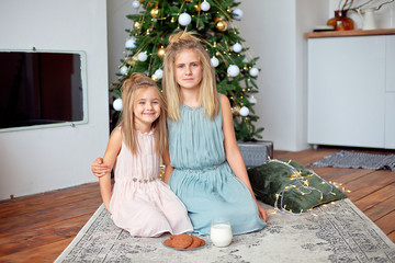 Two sisters with blond hair are sitting on the background of the Christmas tree, preparing treats for Santa. New Year and Christmas concept.