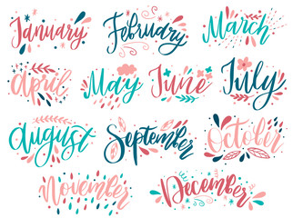 Handwritten names of months: December, January, February, March, April, May, June, July, August September October November Calligraphy words for calendars and organizers.