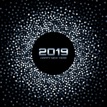 New Year 2019 Card Background. Blue White Glitter Paper Confetti. Glistening  Disco Lights. Glow Circular Frame Using Halftone Circle Confetti Dots Texture. Christmas Round Border Element. Vector