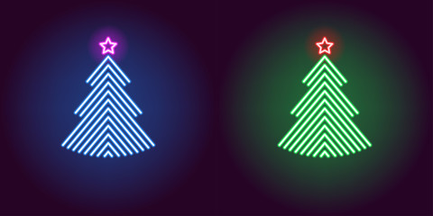 Wall Mural - Neon Christmas tree, glowing xmas tree. Vector