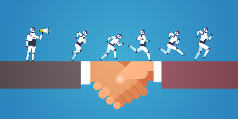 Poster - robots team running human handshaking boss hold megaphone artificial intelligence technology concept infographic template flat horizontal copy space vector illustration