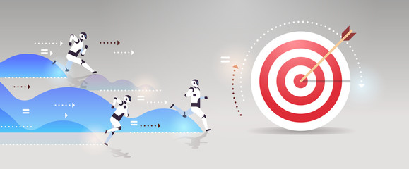 Poster - modern robots team run to target goal competition artificial intelligence technology concept flat horizontal vector illustration