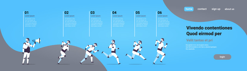 Poster - modern robots team running boss hold megaphone artificial intelligence technology concept infographi