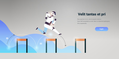 Poster - modern robot jumping over obstacle artificial intelligence technology concept horizontal copy space flat vector illustration
