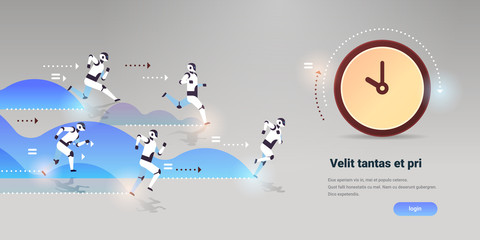 Poster - modern robots team run to clock time management deadline competition artificial intelligence technology concept flat horizontal copy space vector illustration