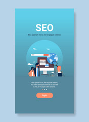 Poster - Seo search engine optimization couple office workers monitoring using magnifier global internet searching concept monitor screen flat vertical copy space vector illustration