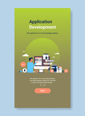 Poster - people create computer mobile application development concept climbing ladder messenger interface chat bubble successful teamwork strategy flat vertical copy space vector illustration