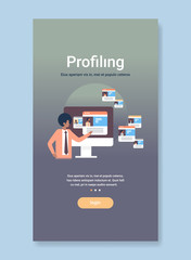 Poster - man choosing best job vacancy candidate profiling concept search profile resume with photo flat vertical portrait vector illustration