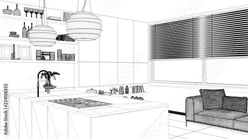 Interior Design Project Black And White Ink Sketch Architecture Blueprint Showing Modern Kitchen With Shelves And Cabinets Sofa And Panoramic Window Contemporary Living Room Stock Illustration Adobe Stock