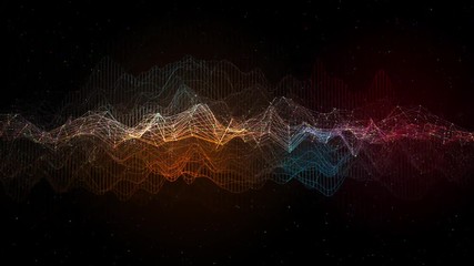 Fototapete - 3d render data visualization. Complex graph with glow elements and particles. Technology background. Loopable animation.